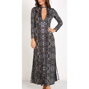 Free People Cabaret Maxi Dress Womens XS Dark Combo Cutout Slit Long Sleeve
